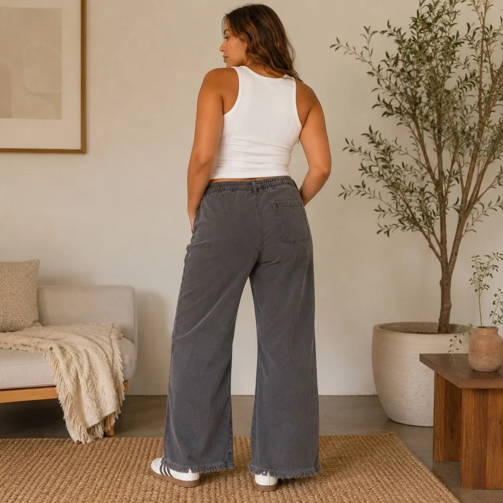 Aerie Pants Womens Large Gray High Waisted Wide Leg Raw Hem Cotton Linen Utility
